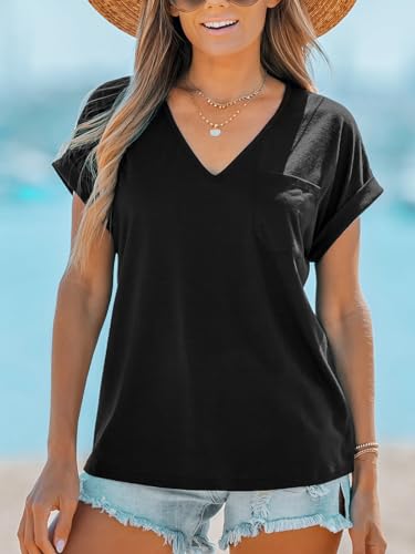 CUPSHE Women Tops Onyx V-Neck Short Sleeve Tee Front Pocket Shirt Solid Tee Casual Dressy XS