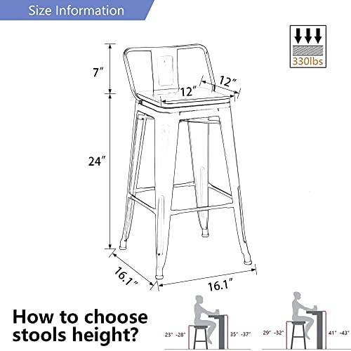 Alunaune 24" Industrial Metal Bar Stools Set of 4 Counter Height Barstools Kitchen Bar Chairs with Modern Wooden Seat, Distressed Gold Black