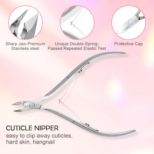 Makartt Cuticle Pushers, Pink Cuticle Knife, 2Pcs Professional Stainless Steel Dual Ended Cuticle Remover with Spoon Pusher, Cutter, Scraper & Dead Skin Fork for Manicure Pedicure Nail Care Kit