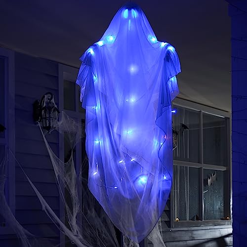 JOYIN 63" Halloween Light-up Hanging Ghost, Flying Ghost with Blue Glowing Body for Halloween Haunted House Prop, Indoor/Outdoor, Tree, Patio, Yard, Lawn Garden Decorations