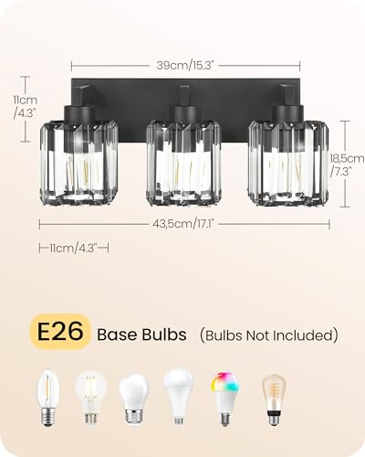 GOEBLESON 3-Light Crystal Bathroom Vanity Lights, Modern Black Bathroom Light Fixtures with Strip-Patterned Crystal Lampshade E26 Base, Upward or Downward Mounting, ETL Listed Wall Lights B06BD05