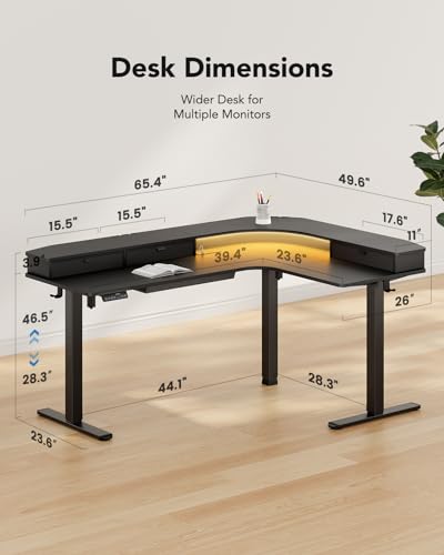 HUANUO 65″ L-Shaped Standing Desk with Power Outlets & LED Strip, Support C-Clamp Mount, Electric Height Adjustable Corner Computer Desk with 3 Drawers, Sit Stand Up Desk with Large Power Strip Holder