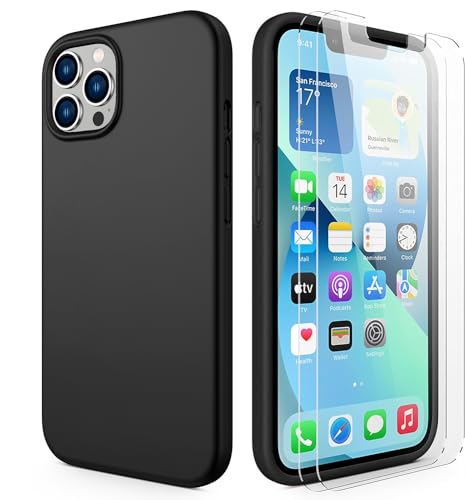 CellEver Heavy-Duty Silicone Case for iPhone 13 Pro Max - Two Shatterproof Glass Screen Protectors, Military Drop Protection, Scratch-Free Interior, Black