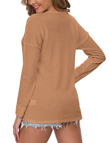 WNEEDU Women's Waffle Knit Tunic Tops Loose Long Sleeve Button Up V Neck Henley Shirts,Rose Red S