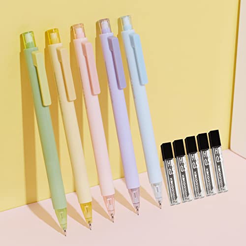 Kaco Mechanical Pencil Set, 5 Pieces Cute Pastel Pencils 0.5 mm with 5 Tube HB Lead Refills (5 Pieces - 5 Mixed Color)