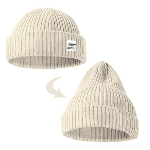 zowya Mens Winter Knit Beanie Hat, Rib Watch Cap Skull Cap Winter Ski Hat for Daily, 1 Hat 2 Style (Beige)