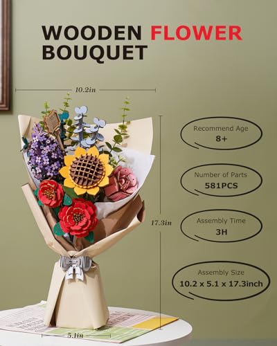 Rowood Artifical Flowers,Wooden Flower Bouquet Building Sets for Adults,Botanical Collection,Mothers Day/Valentine's Day/Christmas/Birthday Gift for Women/Mom/Her,DIY Craft Kit Unique Home Decor-TW01H