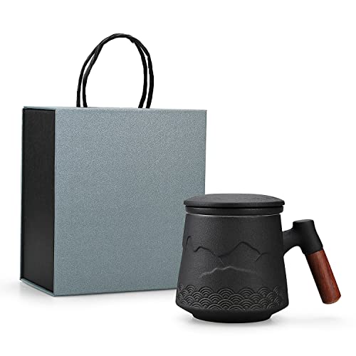 NCQIXIAO Tea Cup with Infuser and Lid, Gradual Mountain and Spray Tea Mug Cups with Infuser, Wood Handle Ceramic Coffee Mug with Lid Tea 430ml/14.50 OZ (Black)