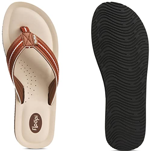 Floopi Flip Flops for Women Casual Thong Womens Sandals Comfort Heel Cushion, Ladies Beach Sandals with Indoor & Outdoor Anti Skid Soles (6, Tan/Brown-520)