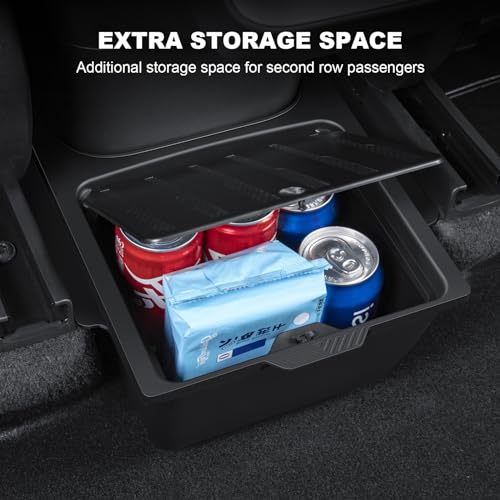 KUNIST Rear Under Seat Organizer for Tesla Model Y 2024 Accessories Backseat Storage Box with lid Center Console Storage Tray Trash Can Bin for Tesla Model Y 2020-2024 (Push-button Design