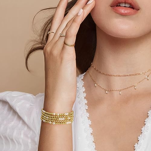 Gold Bracelets for Women Gold Bracelet Stack Pearl Bracelet Beaded Bracelets for Women 14K Gold Plated Stretch Bead Ball Bracelet Sets Jewelry for Christmas Birthday Gifts