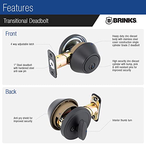 BRINKS Transitional Single Cylinder Deadbolt Lock, Door Lock Built for Residential Protection ANSI Grade 2 Security, Satin Nickel