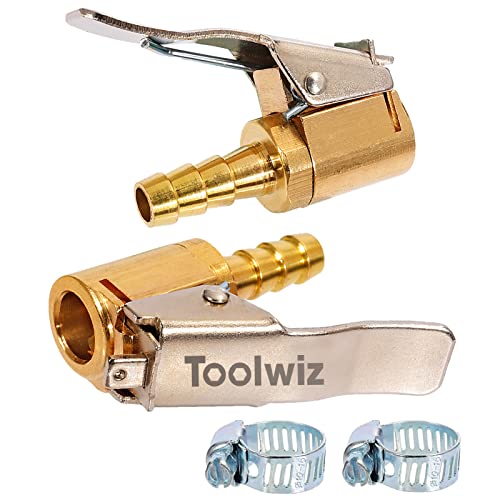 Toolwiz 2pcs Lock Inflate Locking Air Chuck with Clip, 1/4 Inch Brass Portable Lock on Tire Inflator Chuck Hose Adapter Tire Chucks Air Compressor Hose End with Barb Connector for Hose Repair