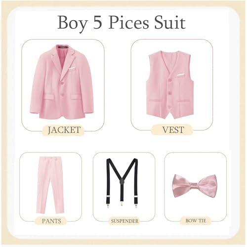 MAGE MALE Boys Multiple Colour Formal Dress Suits 5 Piece Slim Fit Dresswear Suit Set with Kids Suspenders Gold
