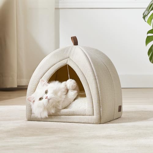 Bedsure Cat Beds for Indoor Cats - 2 in 1 Cat Cave for Kittens and Small Pets, Foldable Cat House Tent with Removable Washable Cushioned Pillow, Cat Hideaway with Non-Slip Bottom, Beige, 16 inches