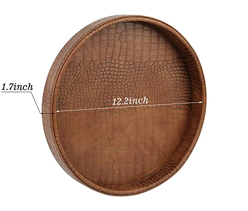 HofferRuffer Faux Leather Round Serving Tray, Vegan Croco Leather Decorative Tray, Food Tray for Storage Drinks, Snack & Cosmetics, Dia.12'' x 1.6'' (Antique Brown)