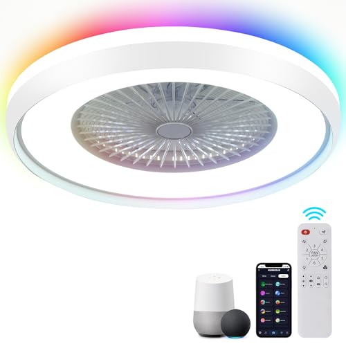 HUMHOLD 24" Low Profile Ceiling Fan with RGB Lights, Bladeless Ceiling Fan with Remote/APP/Voice Control, 6 Speeds Flush Mount Smart Ceiling Fan for Kids Bedroom/Kitchen/Dining Room