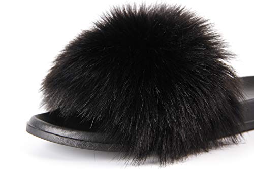 Hangrui Women's Faux Fur Slides, Open Toe Cute Fur Slippers, Comfortable Fur Sandals With Fluffy Fur (Black1, numeric_6)