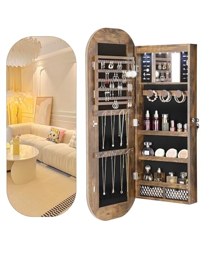 Nicetree LED Mirror Jewelry Cabinet, Rounded Jewelry Armoire Cabinet, Lockable Wall or Door Mounted Jewelry Organizer with Interior Mirror, Wide Mirror with Jewelry Storage, 2 Drawers, Rustic Brown