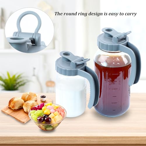 Mason Jar Pitcher 32 OZ Glass Pitcher With Pour Spout Lids Airtight Leak Proof 1 Quart Wide Mouth Water Pitcher With Handle And Flip Cap For Iced Tea, Milk, Sun Tea, Lemonade,Juice, Iced Coffee