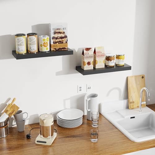 Bellsal Floating Shelves for Wall, Black Engineered Wood Wall Shelf Set of 2, 24" Wall Mounted Floating Shelf for Kitchen, Living Room, Bedroom, Bathroom Storage, Book Shelf for Wall Home Decor
