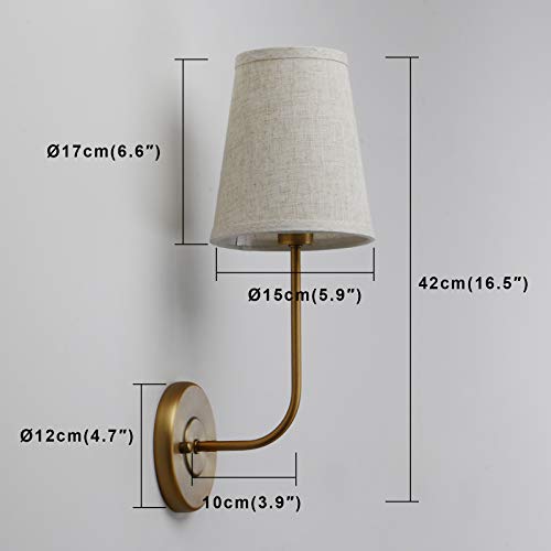 Permo Single Classic Rustic Industrial Wall Sconce Light Fixture with Flared Funnel Linen Fabric Shade Nightstand Lamps for Bedrooms Bedside Reading (Antique)
