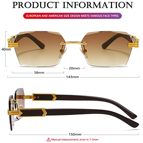 AIEYEZO Retro Rimless Sunglasses Rectangle Unisex Vintage Frameless Sun Glasses Fashion Square Tinted Glasses (Gold/Grey + Gold/Grey Gradient + Gold/Clear)