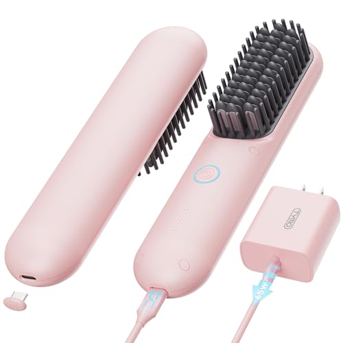 TYMO Cordless Hair Straightener Brush - Porta PRO Portable Straightening Brush for Travel, Mini Ionic Hot Comb Straightener for Women, Lightweight on-The-go, Cordless and Fast Charger Dual Power