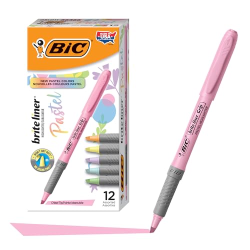 BIC Brite Liner Grip Pastel Highlighter Set, Chisel Tip, 12-Count Pack of Pastel Highlighters in Assorted Colors, Cute Highlighters for Bullet Journaling, Note Taking and More