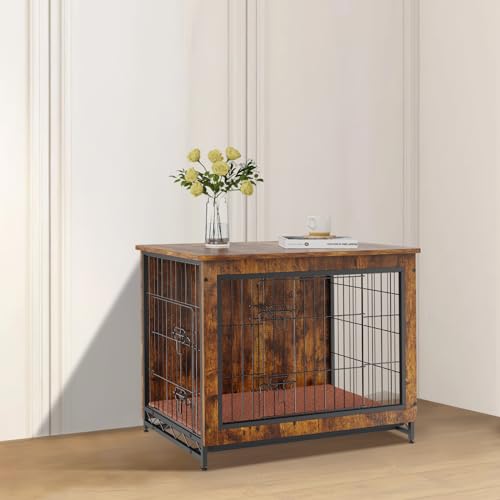 VEVOR Dog Crate Furniture, 32 inch Wooden Dog Crate with Double Doors, Heavy-Duty Dog Cage End Table with Multi-Purpose Removable Tray, Modern Dog Kennel Indoor for Dogs up to 45lb, Rustic Brown