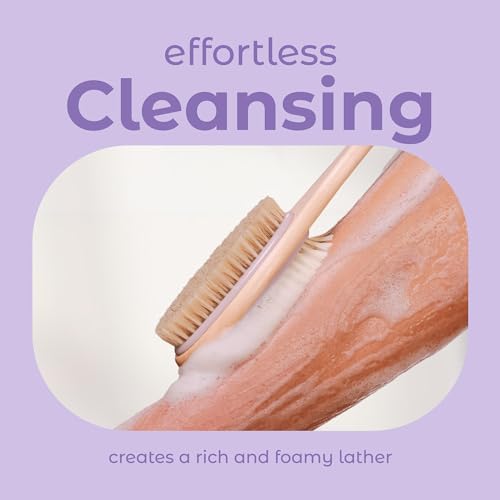 MainBasics Back Scrubber for Shower – Long Handle Dual-Sided Brush for Body Wash & Scrubbing with Exfoliating & Soft Bristles (Lavender, Wood)