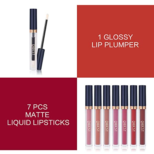 QiBest 7Pcs Matte Liquid Lipstick + 1Pcs Lip Plumper Makeup Set Kit, Pigmented Long Lasting Lip Gloss Set, Velvet Waterproof Lip Makeup Valentine's Day Gift Sets for Girls and Women
