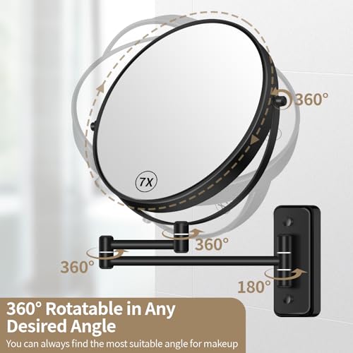 BTremary Wall Mounted Magnifying Makeup Mirror 1X/7X Wall Mount Mirror Swing Arm Two-Sided 360° Swivel Bathroom Shaving Mirror for Men and Women in Hotel/Home