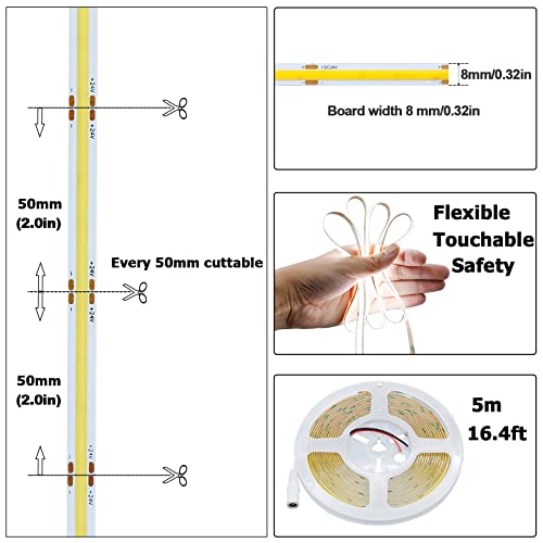 KXZM 24V COB LED Strip Light Cool White 6000K 2400LEDs 16.4ft(5M) CRI 93+ 4500lm Uniform Glow Dotless Flexible IP20 Not Waterproof LED Tape Lights for DIY Bedroom Kitchen Home Decor(No Power Supply)