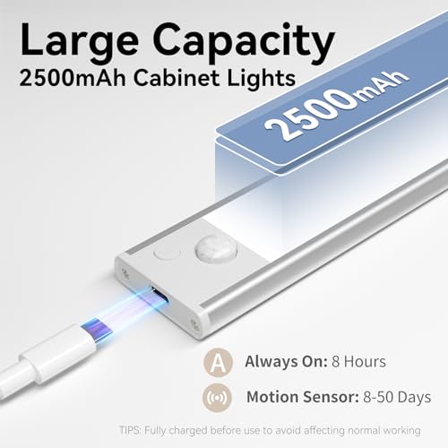 xinp Under Cabinet Lighting, 3 Color Magnetic Motion Sensor Light Indoor, USB Rechargeable Closet Lights 1800mAh Battery Operated, Wireless Dimmable Under Counter Light Bar for Kitchen,Hallway