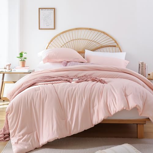 JANZAA Queen Comforter Set with Sheets 7 Piece Comforter Set Queen Bed in a Bag Pink Comforter with Microfiber Bed Pillow Cases Pillow Shams Fitted Flat Sheet Soft Blush Bedding Set All Season