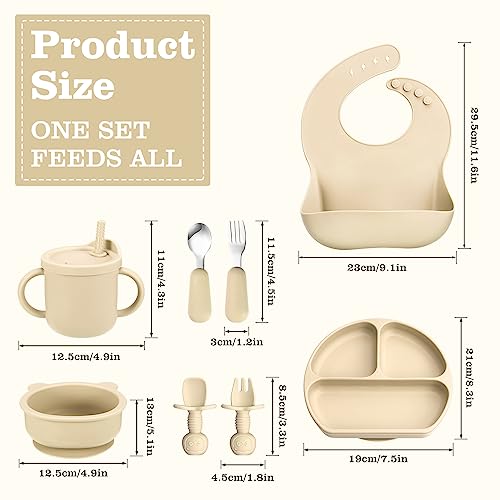 Silicone Baby Feeding Set, Baby Led Weaning Supplies with Suction Bowl Divided Plate, Toddler Self Feeding Dish Set with Spoons Forks Sippy Cup Adjustable Bib, Eating Utensils for 6+ Months(Beige)