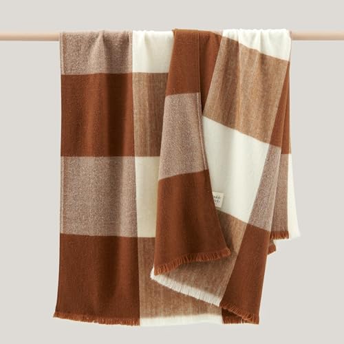 Double Stitch by Bedsure Alpaca Wool Throw Blanket - Soft Warm Blanket for Couch - Luxury Decorative Fleece Blanket, Fall Plaid Blanket, Perfect House Warming Gift, 50" x 60", Harvest Brown & Cream