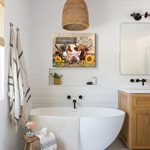 Funny Bathroom Wall Art Farmhouse Highland Cow Wall Art Country Cow Bathroom Pictures Wall Decor Rustic Cattle Canvas Framed Print Painting Artwork for Living Room Kitchen Bedroom Home Decor 12"x16"