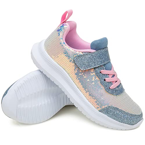 Toandon Girls Kids Sneakers Glitter Shoes Breathable Lightweight Elastic Band Athletic Running Walking Sparkle Glimmer Fashion Outdoor Child Strap White Size 1