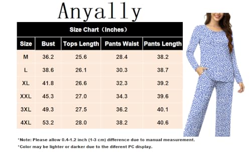 Anyally Women's 2 Piece Fall Pajama Set Long Sleeve Shirt and Pants Sleepwear Pjs Sets with Pockets, M Pink Flower White