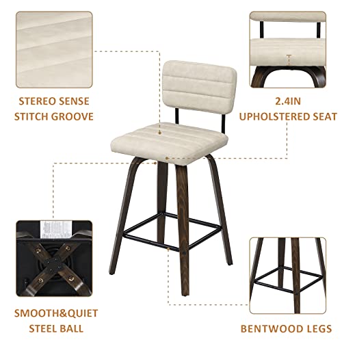 FERFALDER Swivel Bar Stools Set of 2, Counter Height, Wooden Frame, PU Leather Cushions, Beige