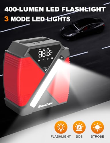 4000A Portable Car Jump Starter with Air Compressor 24000mAh Car Battery Charger 150PSI Tire Inflator with Large Digital Screen, LED Light, QC3.0 Fast Charging Red