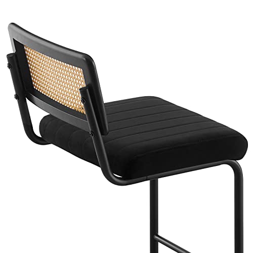 Counter Height Bar Stools Set of 2, 26" Rattan Counter Stool Velvet Upholstered Barstool with Cane Back & Metal Frame, Mid Century Modern Bar Chair Armless Kitchen Stool for Counter Island (Black)