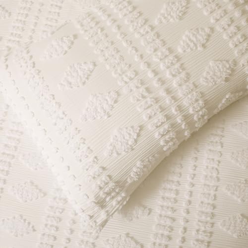 YINFUNG Tufted Duvet Cover Queen Cream Ivory Boho Cotton Beige Shabby Chic Striped Off White Diamonds Poms Textured Embroidery Moroccan Bedding Set Farmhouse Geometric