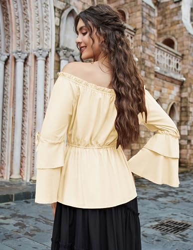 Womens Summer Tops Dressy Casual Bell Sleeve Renaissance Pirate Shirt Hide Tummy Peplum Blouse Apricot S