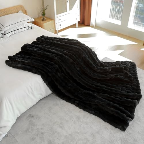 Moenchy Faux Fur Black Throw Blacket for Couch - Super Soft Heavy Flufyy Thick Bubble Throw Blankets for Bed Bedroom Living Room Farmhouse Sofa Chair Fall Winter Warm, 50x60 Inch
