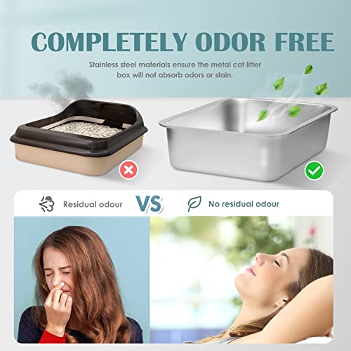 IKITCHEN Stainless Steel Cat Litter Box, Small Low Entry Open Metal Litter Pan for Kittens Newborn Cats Rabbits, Never Absorbs Odors 15.7" L x 11.7" W x 4" H