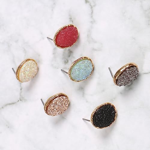 Lightweight Acrylic Stone Druzy Crystal Delicate Earrings - Sparkly Geometric Round, Teardrop Studs (Round Druzy Studs - Light Pink)