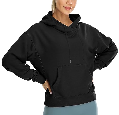 icyzone Women's Fleece Lined Hooded Sweatshirt Tops, Oversized Casual Pullover with kangaroo Pocket & Drawstring (Black, S)